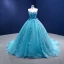 Fashion Pool Blue Pearl Rhinestone Appliques Prom Dresses 2022 Ball Gown Strapless Sleeveless Floor-Length / Long Formal Dresses