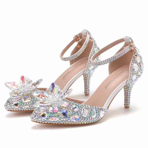 Charmant Multifarben Strass Kristall Brautschuhe 2022 7 cm Stilettos Spitzschuh Hochzeit Sandaletten Hochhackige