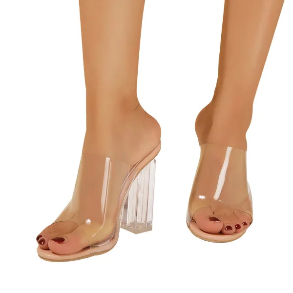 Transparent Summer Nude Cocktail Party Womens Sandals 2022 10 cm Crystal Thick Heels Open / Peep Toe Sandals High Heels
