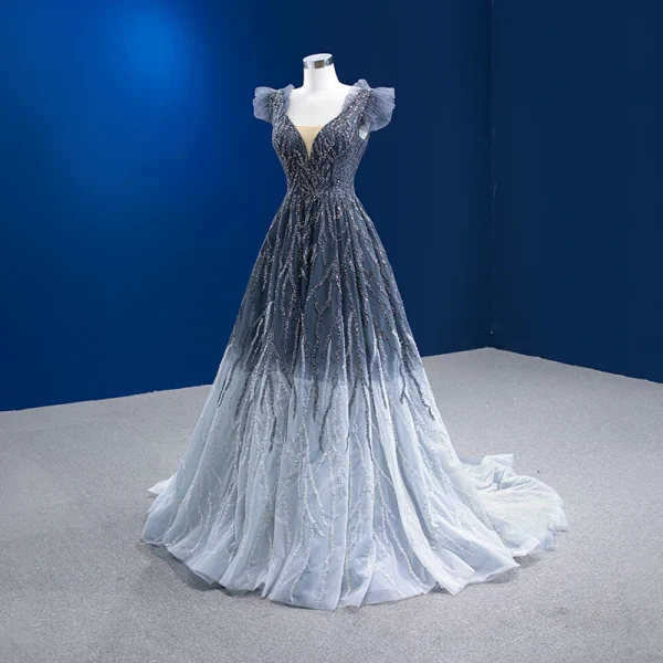 High-end Gradient-Color Grey Beading Sequins Evening Dresses 2022 A-Line / Princess V-Neck Sleeveless Backless Court Train Evening Party Formal Dresses