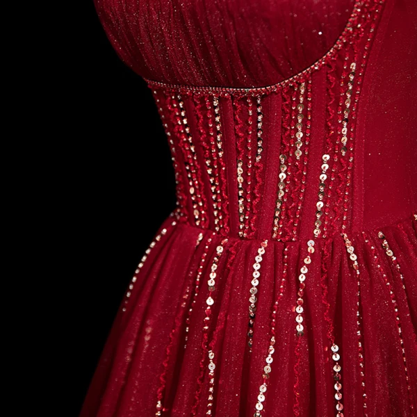 Charming Burgundy Beading Sequins Evening Dresses 2023 A-Line / Princess Puffy Off-The-Shoulder Short Sleeve Backless Floor-Length / Long Evening Party Formal Dresses