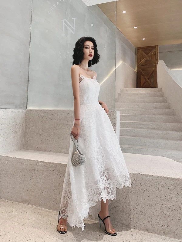 Charming Ivory Lace Flower Evening Dresses 2022 A-Line / Princess Strapless Sleeveless Backless Evening Party Floor-Length / Long Formal Dresses