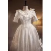 Vintage / Retro Ivory Lace Flower Satin Wedding Dresses 2023 A-Line / Princess V-Neck Bow Short Sleeve Backless Floor-Length / Long Wedding