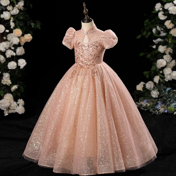 Chic / Beautiful Champagne Beading Pearl Sequins Birthday Flower Girl Dresses 2024 Ball Gown High Neck Short Sleeve Floor-Length / Long