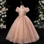 Chic / Beautiful Champagne Beading Pearl Sequins Birthday Flower Girl Dresses 2024 Ball Gown High Neck Short Sleeve Floor-Length / Long