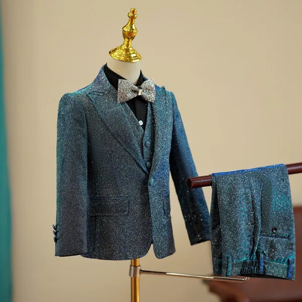 Fashion Navy Blue Glitter 5-piece Long Sleeve Boys Wedding Suits 2024 Coat Pants Shirt Tie Vest