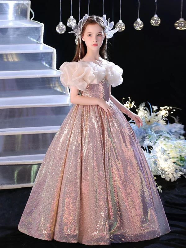 Sparkly Blushing Pink Pearl Sequins Birthday Flower Girl Dresses 2024 A-Line / Princess Scoop Neck Ruffle Short Sleeve Backless Floor-Length / Long