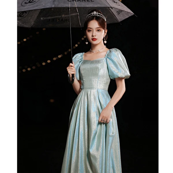Fashion Sky Blue Glitter Sequins Prom Dresses 2022 A-Line / Princess Square Neckline Short Sleeve Backless Floor-Length / Long Prom Formal Dresses