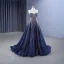 Haut de Gamme Bleu Marine Fait main Perlage Faux Diamant Robe De Bal 2023 Princesse Bustier Sans Manches Dos Nu Train De Balayage Promo Robe De Ceremonie