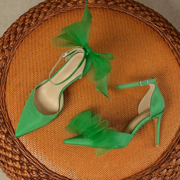 Chic / Beautiful Green Prom Bow Womens Shoes 2023 Ankle Strap 8 cm Stiletto Heels Pointed Toe High Heels
