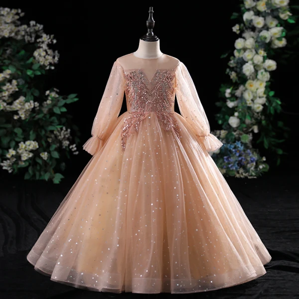 Chic / Beautiful Candy Pink Evening Party Flower Girl Dresses 2022 Ball Gown Scoop Neck Beading Pearl Lace Flower Sequins Long Sleeve Floor-Length / Long Flower Girl Dresses