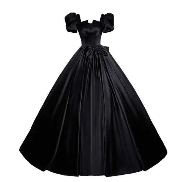 Elegant Black Satin Prom Dresses 2023 Ball Gown Square Neckline Puffy Short Sleeve Bow Backless Floor-Length / Long Prom Formal Dresses