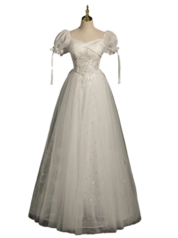 Chic / Beautiful White Lace Flower Prom Dresses 2024 A-Line / Princess Square Neckline Short Sleeve Backless Floor-Length / Long Prom Formal Dresses