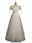 Chic / Beautiful White Lace Flower Prom Dresses 2024 A-Line / Princess Square Neckline Short Sleeve Backless Floor-Length / Long Prom Formal Dresses