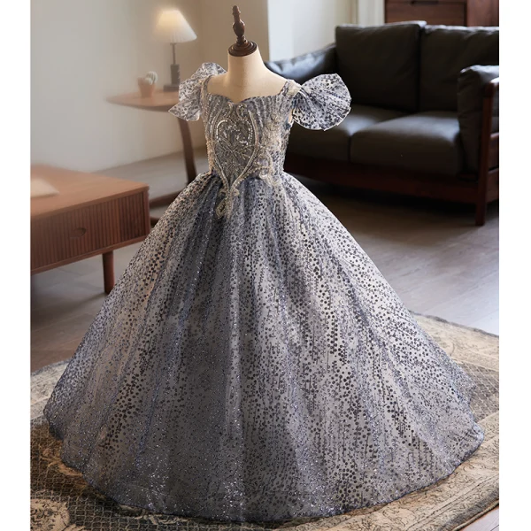 Bling Bling Grey Beading Lace Flower Sequins Birthday Flower Girl Dresses 2024 Ball Gown Scoop Neck Puffy Short Sleeve Backless Floor-Length / Long