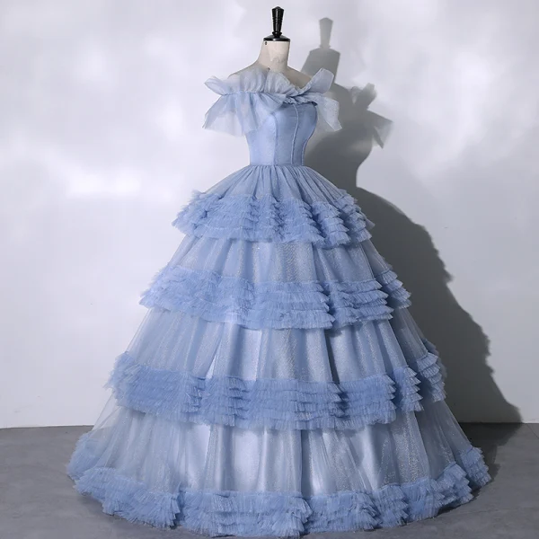 Chic / Beautiful Sky Blue Cascading Ruffles Prom Dresses 2023 Ball Gown Off-The-Shoulder Ruffle Short Sleeve Backless Floor-Length / Long Prom Formal Dresses