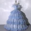 Chic / Beautiful Sky Blue Cascading Ruffles Prom Dresses 2023 Ball Gown Off-The-Shoulder Ruffle Short Sleeve Backless Floor-Length / Long Prom Formal Dresses