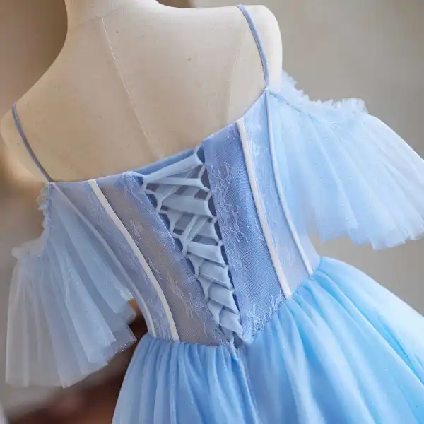 Moda Błękitne Z Koronki Kwiat Perła Homecoming Sukienki Na Studniówke 2024 Princessa Spaghetti Pasy Kótkie Rękawy Bez Pleców Krótkie Tiulowe