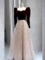 Elegant Burgundy Beading Sequins Velvet Prom Dresses 2024 A-Line / Princess Square Neckline Long Sleeve Backless Bow Floor-Length / Long Prom Formal Dresses