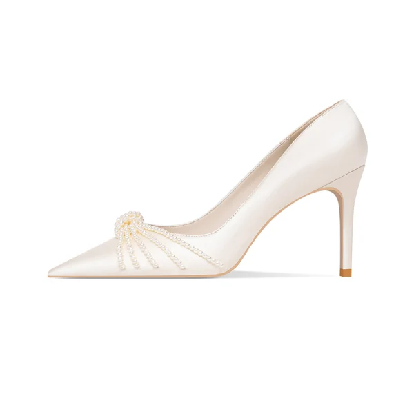 Eleganta Elfenben Pärla Satin Brudskor 2022 8 cm Stilettklackar Läder Spetsiga Bröllop Pumps Högklackade