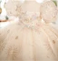 Chic / Beautiful Champagne Beading Pearl Lace Flower Sequins Birthday Short Flower Girl Dresses 2023 Ball Gown Scoop Neck Puffy Short Sleeve Tulle