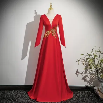 Style Chinois Rouge Perlage Paillettes Robe De Bal 2025 Princesse V Cou Manches Longues Dos Nu Longue Promo Robe De Ceremonie