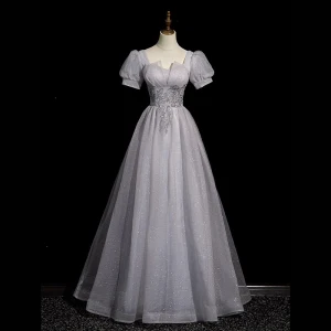 Elegant Grey Beading Sequins Prom Dresses 2023 A Line Princess Square Neckline Puffy Short Sleeve Backless Floor Length Long Prom Formal Dresses