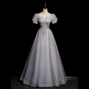 Élégant Gris Perlage Paillettes Robe De Bal 2023 Princesse Encolure Carrée Gonflée Manches Courtes Dos Nu Longue Promo Robe De Ceremonie
