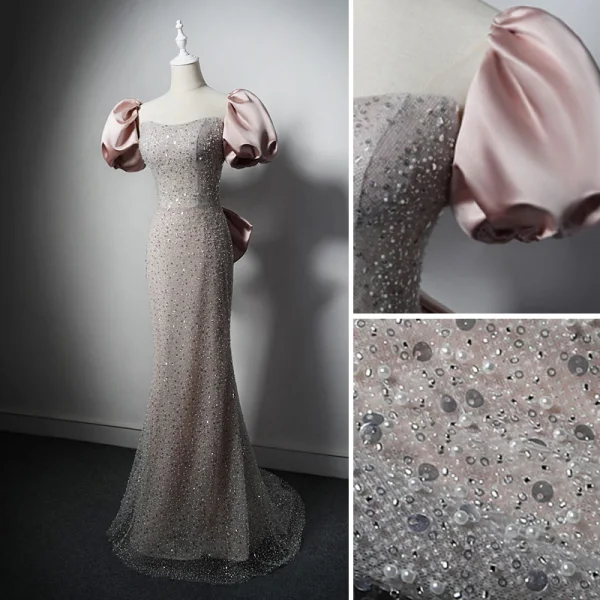 Charmant Rougissant Rose Perlage Perle Paillettes Robe De Soirée 2022 Trompette / Sirène Encolure Carrée Gonflée Manches Courtes Dos Nu Noeud Longue Soirée Robe De Ceremonie