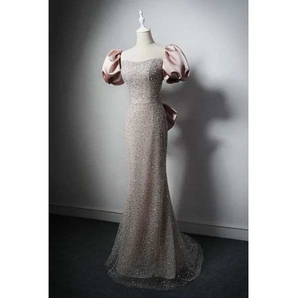 Charmant Rougissant Rose Perlage Perle Paillettes Robe De Soirée 2022 Trompette / Sirène Encolure Carrée Gonflée Manches Courtes Dos Nu Noeud Longue Soirée Robe De Ceremonie