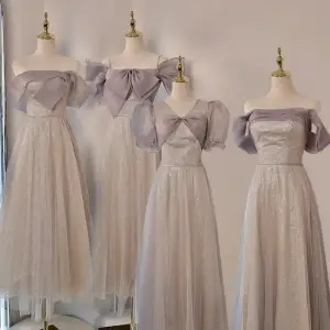 Modest Simple Champagne Bow Sequins Bridesmaid Dresses 2022 A Line Princess Off The Shoulder Short Sleeve Backless Floor Length Long Bridesmaid Dresses