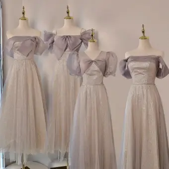 Modest Simple Champagne Bow Sequins Bridesmaid Dresses 2022 A Line Princess Off The Shoulder Short Sleeve Backless Floor Length Long Bridesmaid Dresses