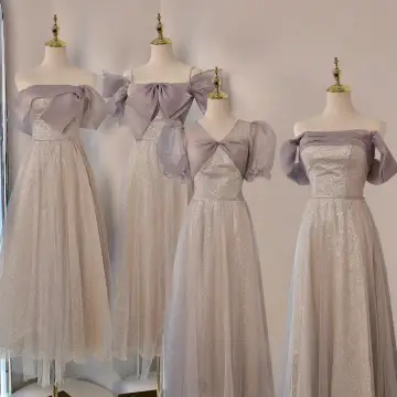 Modest Simple Champagne Bow Sequins Bridesmaid Dresses 2022 A Line Princess Off The Shoulder Short Sleeve Backless Floor Length Long Bridesmaid Dresses