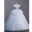Luxury / Gorgeous Sky Blue Beading Rhinestone Lace Flower Wedding Dresses 2023 Ball Gown High Neck Puffy Short Sleeve Backless Bow Royal Train