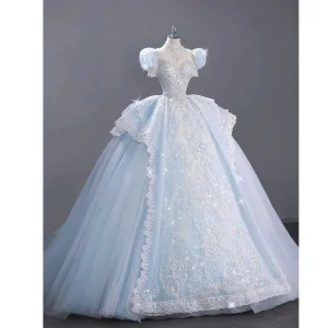Magnífico Azul Cielo Rebordear Rhinestone Con Encaje Flor Vestidos De Novia 2023 Ball Gown Cuello Alto Hinchado Manga Corta Sin Espalda Bowknot Royal Train