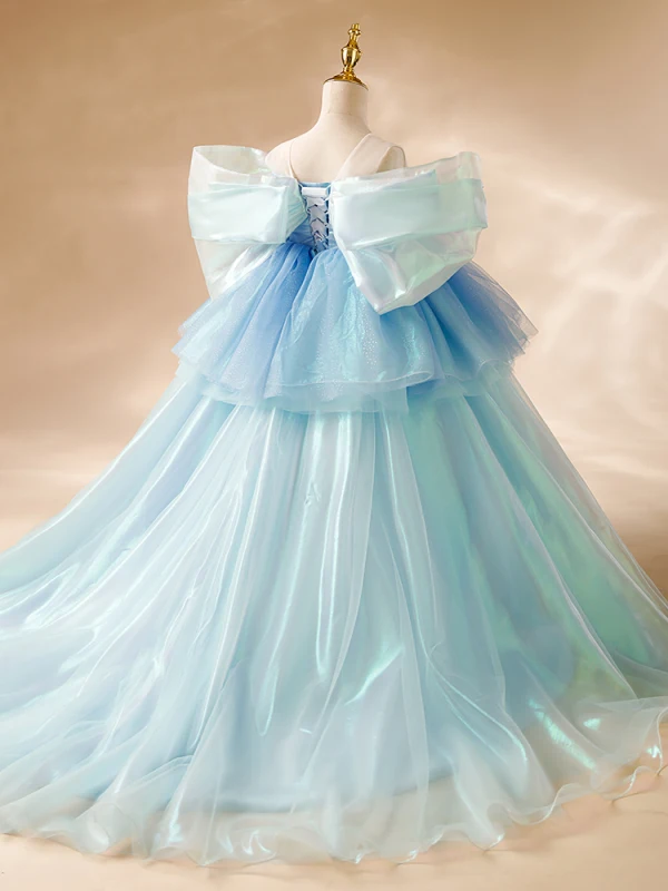 Fashion Sky Blue Sequins Lace Flower Cascading Ruffles Birthday Flower Girl Dresses 2024 Ball Gown Off-The-Shoulder Puffy Short Sleeve Backless Floor-Length / Long