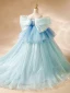 Fashion Sky Blue Sequins Lace Flower Cascading Ruffles Birthday Flower Girl Dresses 2024 Ball Gown Off-The-Shoulder Puffy Short Sleeve Backless Floor-Length / Long