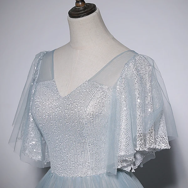 Fashion Sky Blue Sequins Prom Dresses 2022 A-Line / Princess V-Neck Short Sleeve Backless Floor-Length / Long Prom Formal Dresses