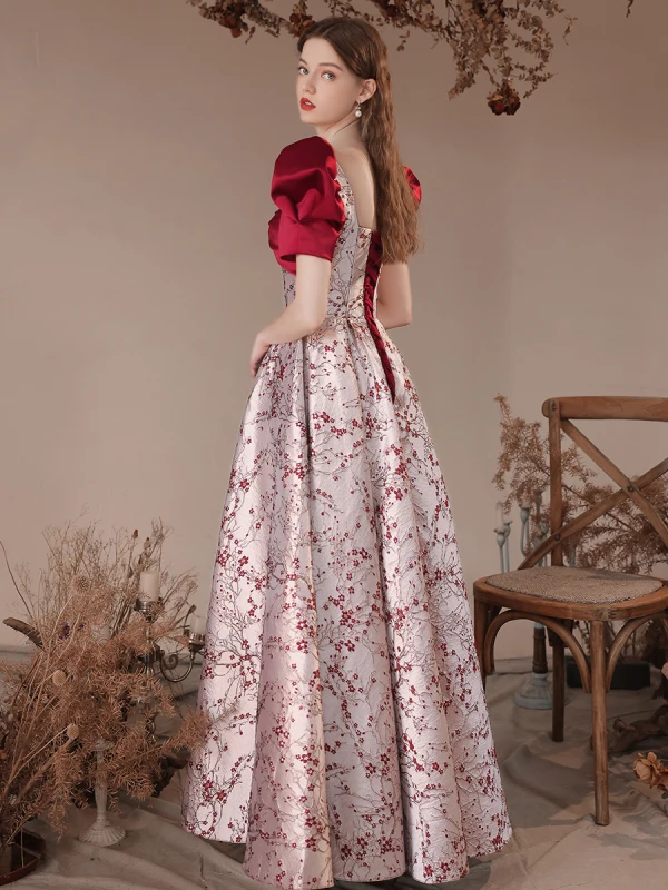 Fashion Burgundy Satin Printing Prom Dresses 2023 A-Line / Princess Square Neckline Bow Short Sleeve Backless Floor-Length / Long Prom Formal Dresses