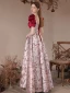 Fashion Burgundy Satin Printing Prom Dresses 2023 A-Line / Princess Square Neckline Bow Short Sleeve Backless Floor-Length / Long Prom Formal Dresses