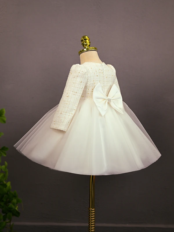 Elegant White Beading Lace Flower Pearl Sequins Bow Birthday Flower Girl Dresses 2024 Ball Gown Scoop Neck Short Long Sleeve