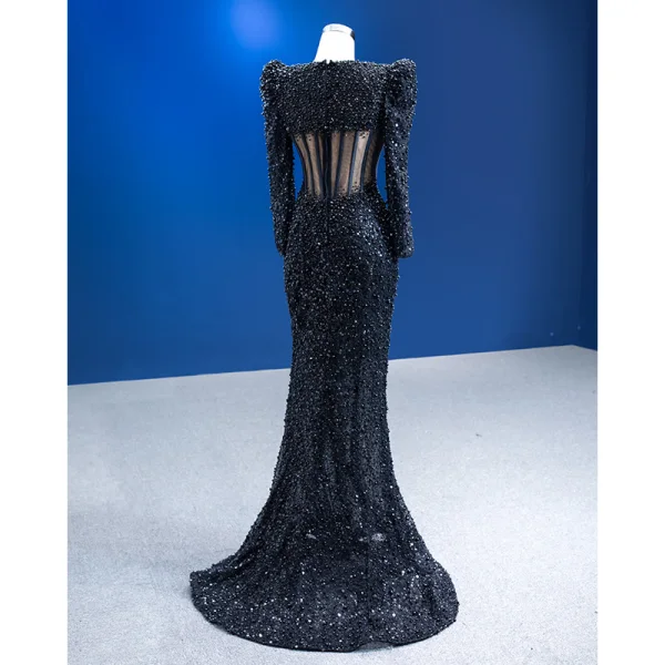 Haut de Gamme Noire Fait main Perle Paillettes Robe De Soirée 2023 Trompette / Sirène Encolure Dégagée Manches Longues Dos Nu Train De Balayage Soirée Robe De Ceremonie