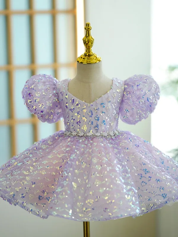 Bling Bling Lavender Sequins Short Birthday Flower Girl Dresses 2023 Ball Gown V-Neck Puffy Short Sleeve Backless