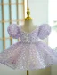 Bling Bling Lavender Sequins Short Birthday Flower Girl Dresses 2023 Ball Gown V-Neck Puffy Short Sleeve Backless