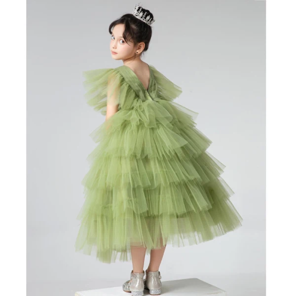 Chic / Belle Vert Cendré Volants en Cascade Anniversaire Robe Ceremonie Fille 2022 Princesse V-Cou Manches Courtes Dos Nu Longue Robe Ceremonie Fille