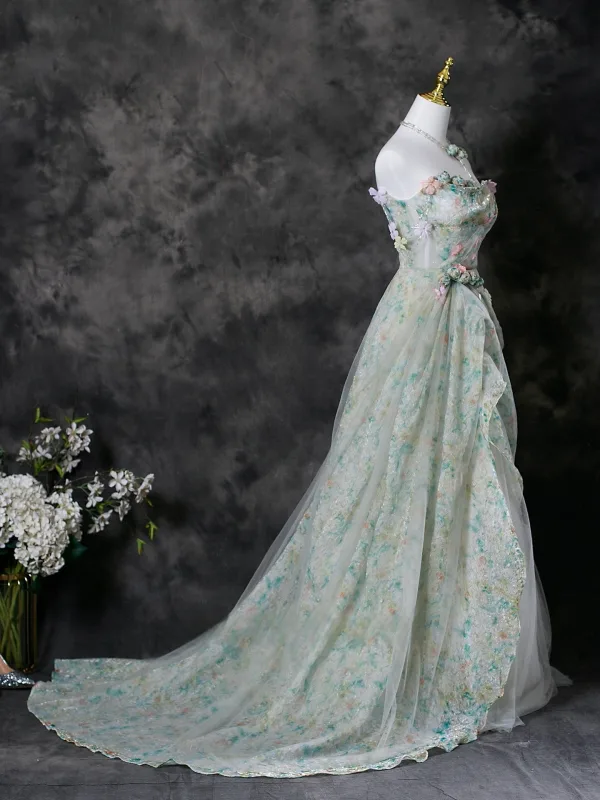 Chic / Belle Vert Cendré Appliques Floral Robe De Bal 2025 Princesse Bustier Sans Manches Dos Nu Train De Balayage Robe De Ceremonie