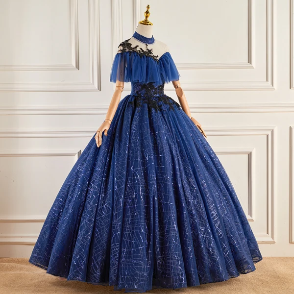 Vintage / Retro Navy Blue Beading Sequins Lace Flower Prom Dresses 2023 Ball Gown High Neck Short Sleeve Backless Floor-Length / Long Prom Formal Dresses