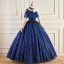Vintage / Retro Navy Blue Beading Sequins Lace Flower Prom Dresses 2023 Ball Gown High Neck Short Sleeve Backless Floor-Length / Long Prom Formal Dresses