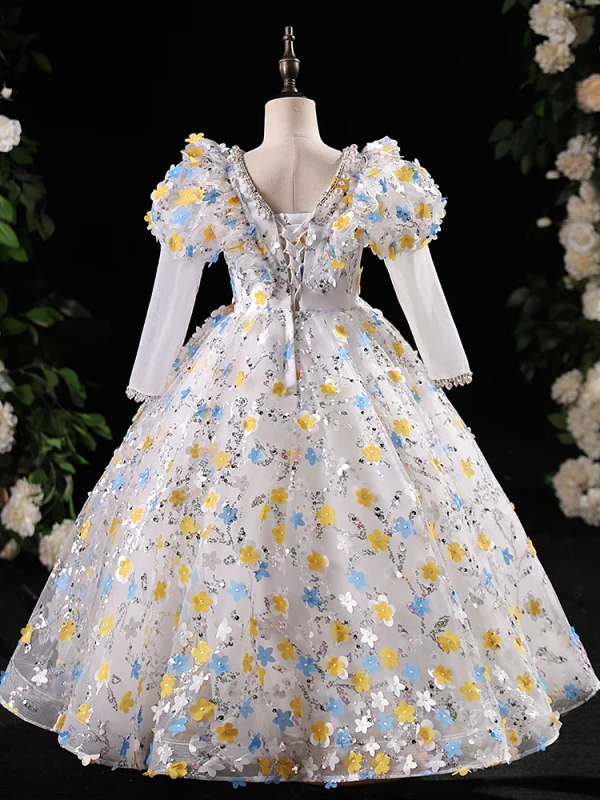 Flower Fairy Multi-Colors Appliques Beading Pearl Sequins Birthday Flower Girl Dresses 2024 Ball Gown V-Neck Long Sleeve Floor-Length / Long