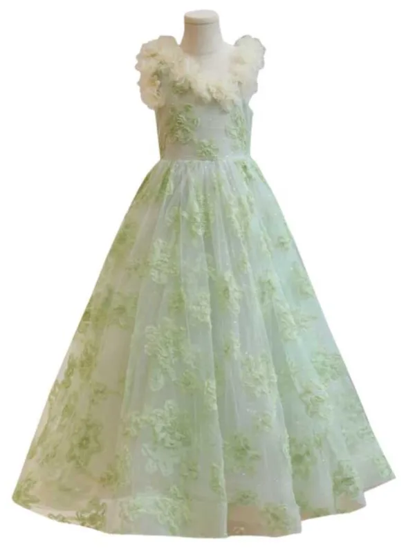 Modest / Simple Sage Green Appliques Birthday Flower Girl Dresses 2024 A-Line / Princess Scoop Neck Sleeveless Backless Floor-Length / Long Tulle